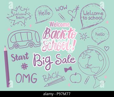 Willkommen zurück in die Schule. Der Vector Kinder hand gezeichnete Illustration in modernen Farben. Stock Vektor