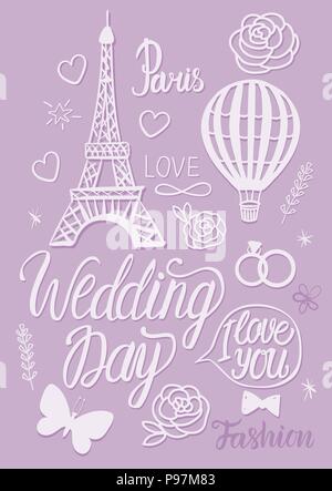 Hochzeit in einem klassischen Pariser Stil. Set Abbildungen Elemente Eiffelturm, Heißluftballon und Beschriftung Beschriftung. Stock Vektor
