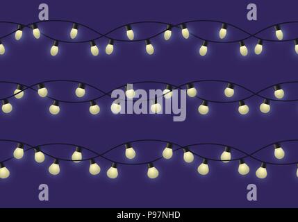 Kranz mit unterschiedlichen Lampen mit Leuchten, verschiedene dekorative Lichterkette auf dunklem Hintergrund, Fußzeile und Banner Lampen, Vektor, Abbildung Stock Vektor