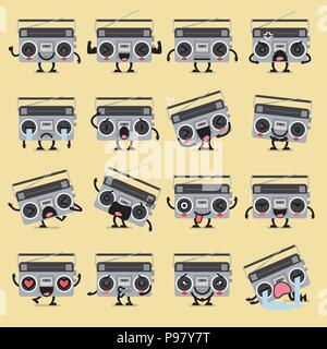 Retro Radio Charakter emoji eingestellt. Lustige cartoon Emoticons Stock Vektor