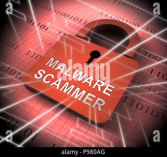 Malware Scammer Security Shield Sicherheit 3D Rendering Zeigt geschützt Online Schutz gegen Ransomware Trojaner und schädliche Websites Stockfoto