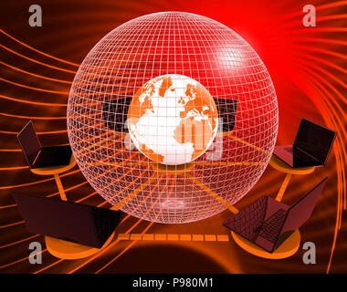 Verschaltet Globe World Technik Link 3D-Rendering Zeigt den weltweiten Handel oder die Konnektivität über ein globales Netzwerk Stockfoto