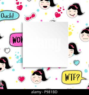 Mädchen Banner mit Anime emoji Muster. Süße Aufkleber mit emotico Stock Vektor