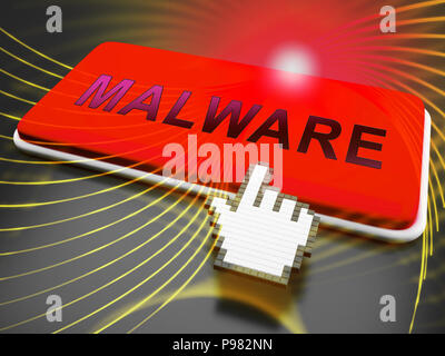 Malware Scammer Security Shield Sicherheit 3D Rendering Zeigt geschützt Online Schutz gegen Ransomware Trojaner und schädliche Websites Stockfoto