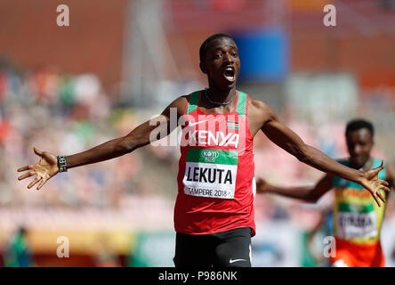 Tampere. Am 15. Juli 2018. Salomo Lekuta von Kenia konkurriert in Männer 800 m-Finale bei den IAAF World U20 Meisterschaften in Tampere, Finnland am 15. Juli 2018. Salomo Lekuta gewann die Goldmedaille mit 1 Minuten 46,35 Sekunden. Credit: Matti Matikainen/Xinhua/Alamy leben Nachrichten Stockfoto