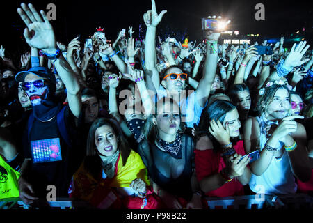 Novi Sad, Serbien. 15. Juli 2018. Fans von David Guetta sind sie bei seinem Konzert an der Ausfahrt Festival, Petrovaradina Festung 15. Juli 2018 Credit: Nenad Mihajlovic/Alamy leben Nachrichten Stockfoto