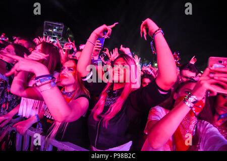 Novi Sad, Serbien. 15. Juli 2018. Fans von David Guetta sind sie bei seinem Konzert an der Ausfahrt Festival, Petrovaradina Festung 15. Juli 2018 Credit: Nenad Mihajlovic/Alamy leben Nachrichten Stockfoto