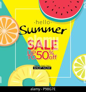 Summer Sale Rabatt 50 Prozent weg Vorlage Banner mit Stücken von tropischen Früchten auf farbigen Hintergrund. Vektor Summer Sale Hintergrund für Banner, Po Stock Vektor