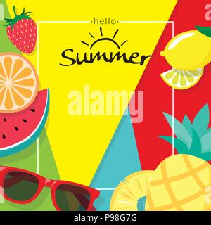 Wort "Hallo Sommer' mit Kopie Raum Vorlage Banner mit Stücken von tropischen Früchten auf farbigen Hintergrund. Vektor Sommer Hintergrund für Banner, Poster, Stock Vektor