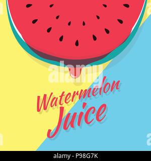 Stück halbe Wassermelone Slice, saftiges Stück Obst mit Tropfen der Wassermelone Saft Vektor icon Abbildung auf gelben und blauen Hintergrund. Frische ... Stock Vektor