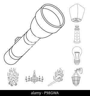 Light source outline icons in set collection for design. Light and equipment vector symbol stock  illustration. Stock Vektor
