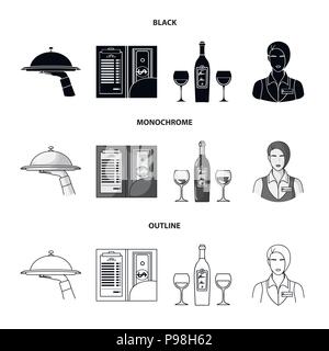 Ein Fach mit einem Tuch, Scheck und Bargeld, eine Flasche Wein und Gläser, eine Kellnerin mit ein Abzeichen. Restaurant Sammlung Icons in Schwarz, monochrom, outlin Stock Vektor