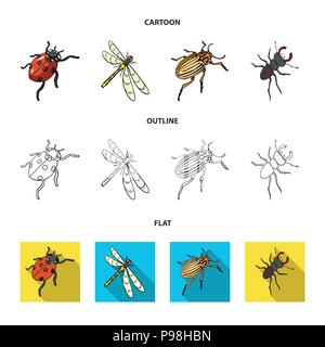 Gliederfüßer Insekten Marienkäfer, Libelle, Käfer, Colorado Käfer Insekten set Sammlung Icons im Cartoon, Outline, flacher Stil vektor Symbol lieferbar isometri Stock Vektor