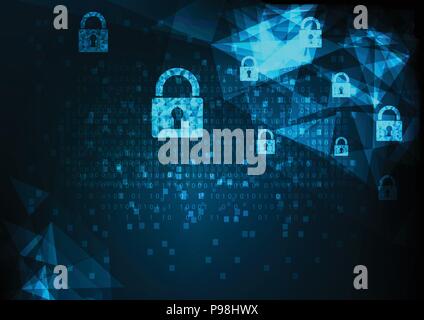 Cyber Security Konzept: Vorhängeschloss mit Schlüsselloch Symbol auf digitale Daten Hintergrund. Zeigt cyber Datensicherheit oder Privatsphäre Idee. Blau abstra Stock Vektor