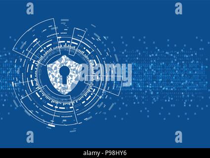 Cyber Security Konzept: Schild mit Schlüsselloch Symbol auf digitale Daten Hintergrund. Zeigt cyber Datensicherheit oder Privatsphäre Idee. Blau abstrac Stock Vektor