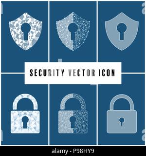 Abstrakte Sicherheit vektor Icon mit Schild und Schloss auf dem blauen Hintergrund. Stock Vektor