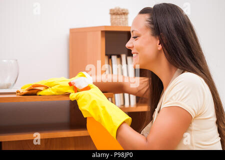 Junge Frau ist die Reinigung der Möbel im Haus. Stockfoto