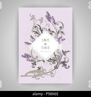 Set Card mit blume Lavendel, verlässt. Hochzeit Schmuck Konzept. Florale trendige Plakat, einladen. Vektor dekorative Grußkarte oder Einladung design Stock Vektor