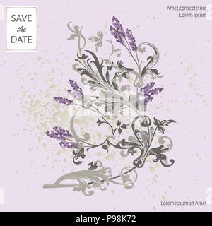 Set Card mit blume Lavendel, verlässt. Hochzeit Schmuck Konzept. Florale trendige Plakat, einladen. Vektor dekorative Grußkarte oder Einladung design Stock Vektor
