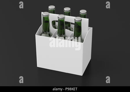 Sechs Flaschen Bier weiße Leere Verpackungen mit grünen Flaschen auf schwarzem Hintergrund. 3D-Rendering Stockfoto