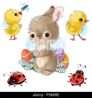 Zufrieden mit Ostern Eier, Küken und Bugs cartoon Clipart isoliert auf weißem Hintergrund Stockfoto