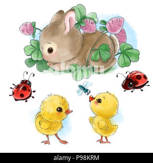 Zufrieden mit Ostern Eier, Küken und Bugs cartoon Clipart isoliert auf weißem Hintergrund Stockfoto