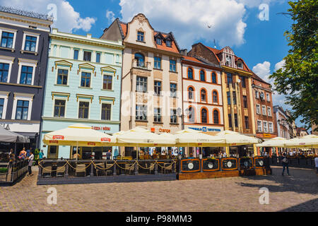 Torun, Polen - Juni 01, 2018: Hauptplatz in der Altstadt von Torun. Thorn ist Geburtsort des Astronomen Nikolaus Kopernikus. Stockfoto