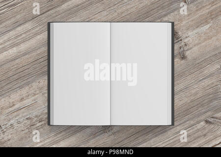Buch mit schwarzem Deckel und leere Seiten auf hölzernen Hintergrund öffnen. 3D-Rendering Stockfoto