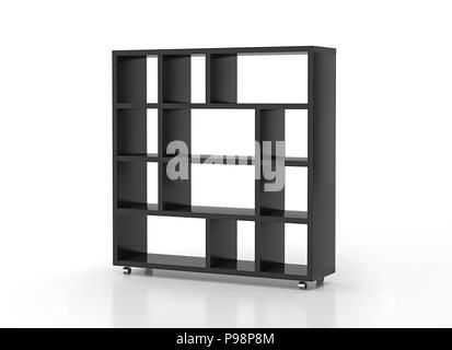 Leere schwarze Bücherregal Regale auf Rädern auf weißem Hintergrund. Beschneidungspfad gehören. 3D-Rendering Stockfoto