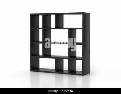 Leere Regale Bücherregal schwarz auf weißem Hintergrund. Beschneidungspfad gehören. 3D-Rendering Stockfoto