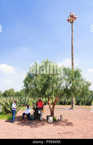 Teotihuacan, Mexiko: totonac Leute gekleidet in traditionelle Kleidung der Voladores fliegende Männer Zeremonie namens eines immateriellen kulturellen herit Stockfoto