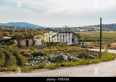 Ein kleines Haus mit Gemüsegarten, neben einem Bahnübergang in der serbischen Landschaft Stockfoto