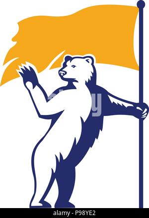 Maskottchen Symbol Abbildung: ein Eisbär winken und eine Flagge auf der Suche nach vorne von der Seite auf isolierten Hintergrund im Retro Stil angesehen. Stock Vektor