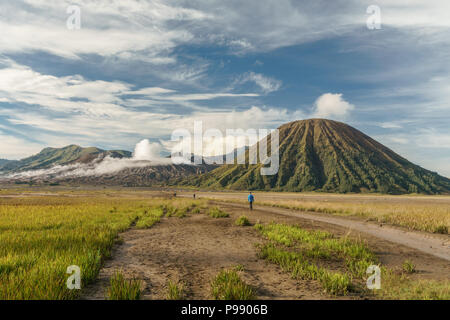 Der Flucht der Massen und das Meer von Sand überqueren zu Fuß in Richtung Gipfel des Bromo und, Batok Bromo Tengger Semeru National Park, Ostjava, Indonesien. Stockfoto
