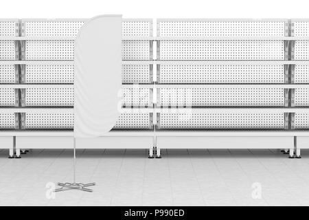 Supermarkt Interieur mit leeren Regalen und Werbung Banner Flagge. 3D-Rendering Stockfoto