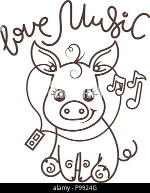 Liebe Musik. Grußkarte mit cute cartoon Schwein mit Musik Player, Färbung Seite Stock Vektor