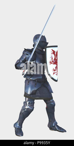 Mittelalterliche Ritter mit Red Dragon Shield - Seitenansicht Stockfoto