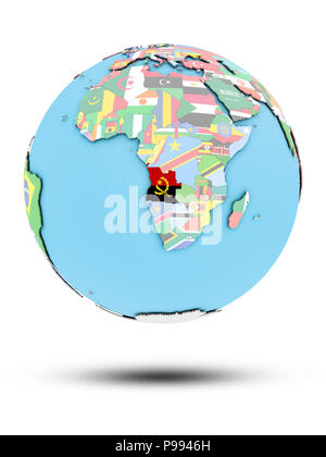 Angola über politische Globus mit nationalen Flaggen auf weißem Hintergrund. 3D-Darstellung. Stockfoto