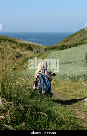 Ein naturfotograf einen genaueren Blick auf ein Feld von Weizen auf einer Fotografie workshop Stockfoto