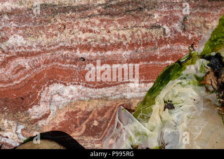 Calcit und roten Hämatit mit Hydro Thermal Solutions von den zugrunde liegenden alten roten Sand Stein auf Mumbles Kopf verbunden und von den Römern abgebaut Stockfoto