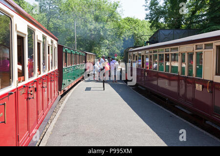 Bahnsteig mit Züge warten auf die Ffestiniog Railway, Tan-y-Kingsland, Gwynedd, Wales abzuweichen. Stockfoto