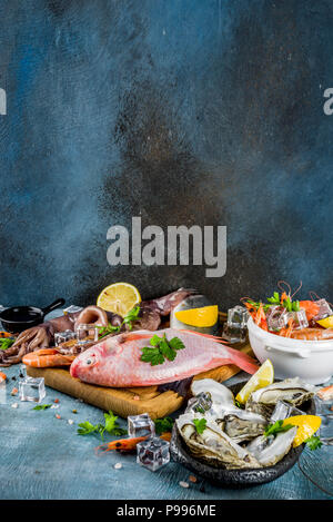 Frische rohe Meeresfrüchte squid Garnelen oyster Miesmuscheln Fisch mit Gewürzen der Kräuter Zitrone auf einem hellblauen Hintergrund Kopie Raum Stockfoto