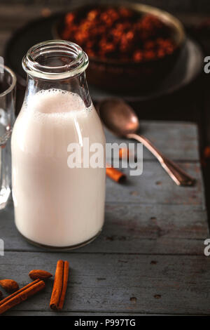 Gesundes Frühstück. Müsli mit Kakao und Milch. Mandelmilch mit Getreide Stockfoto