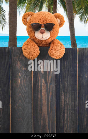 Niedliche Teddybär am Strand mit Sonnenbrille und kopieren Raum Holz Hintergrund Stockfoto