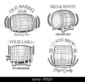 Barrel retro Embleme. Vektor alte Fässer Fässer logo, vintage Holz Fass gestaltete Etiketten für Wein, Bier und Whiskey Distillery isoliert auf weißem Stock Vektor