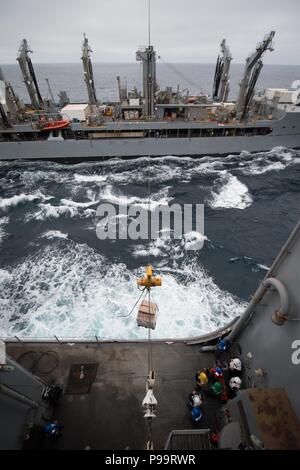 180714-N-OW 019-1112 PAZIFISCHER OZEAN (14 Juli 2018) Segler, die Amphibischen dock Landung Schiff USS Harpers Ferry (LSD 49) eine Palette von Speicher während einer Auffüll-anforderung erhalten-auf-See mit der Flotte Auffüllung öler USNS Yukon (T-AO 202), 14. Juli, während der Rand des Pazifik (Rimpac) Übung. 25 Nationen, 46 Schiffe, 5 U-Boote, über 200 Flugzeuge und 25.000 Angestellte beteiligen sich an Rimpac vom 27. Juni bis 2. August in und um die hawaiischen Inseln und Südkalifornien. Die weltweit größte internationale maritime Übung RIMPAC bietet eine einzigartige Ausbildung whi Stockfoto