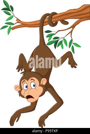 Cartoon Affe hängt am Baum Zweig mit seinem Schwanz Stock Vektor