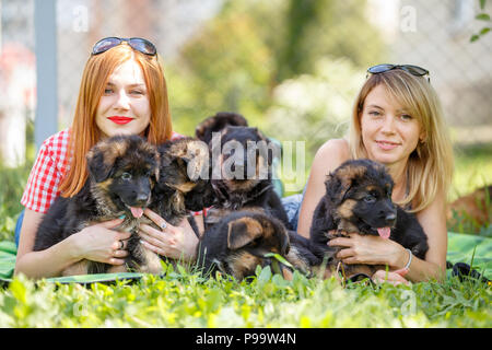 Zwei junge Frauen mit Welpen der Deutsche Schäferhund Stockfoto