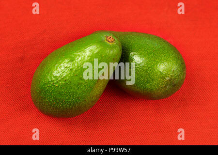 Zwei ganze avocado Birnen rot Tischdecke. Stockfoto