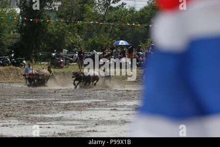 Thailand. Am 15. Juli 2018. Jockeys konkurrieren in Chonburi der jährliche Buffalo race Festival in der Provinz Chonburi, östlich von Bangkok am 15. Juli 2018. Credit: chaiwat Subprasom/Pacific Press/Alamy leben Nachrichten Stockfoto